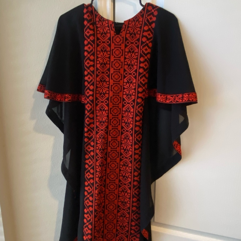Black and Red Palestinian Embroidery Kaftan